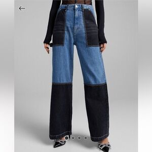 Bershka patchwork wide leg carpenter jeans in blue and black, 10